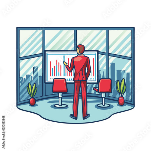 A focused businessman meticulously analyzes fluctuating stock market charts displayed on a large monitor, deeply engrossed in financial data.