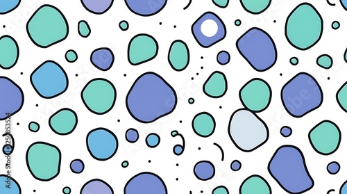 Abstract Seamless Pattern: A cheerful and playful pattern featuring an array of organic shapes in soothing pastel hues of teal, purple, and blue, creating a calming and visually appealing design.