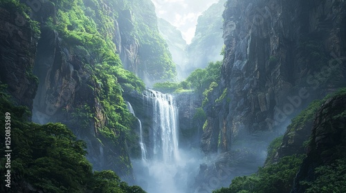 Serene Waterfall Cascading Through Lush Green Mountain Landscape