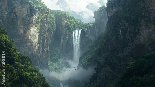 Majestic Waterfall Cascades Through Lush Green Mountain Valley