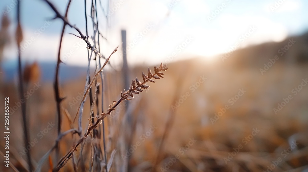 Obraz premium Closeup of a dried grass stem under warm golden sunlight in a serene natural setting : Generative AI