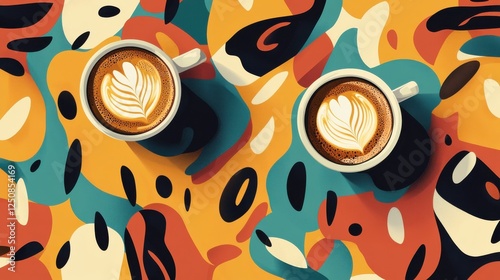 Explore this vibrant coffeethemed abstract seamless pattern, featuring modern flat illustrations and playful textures. photo