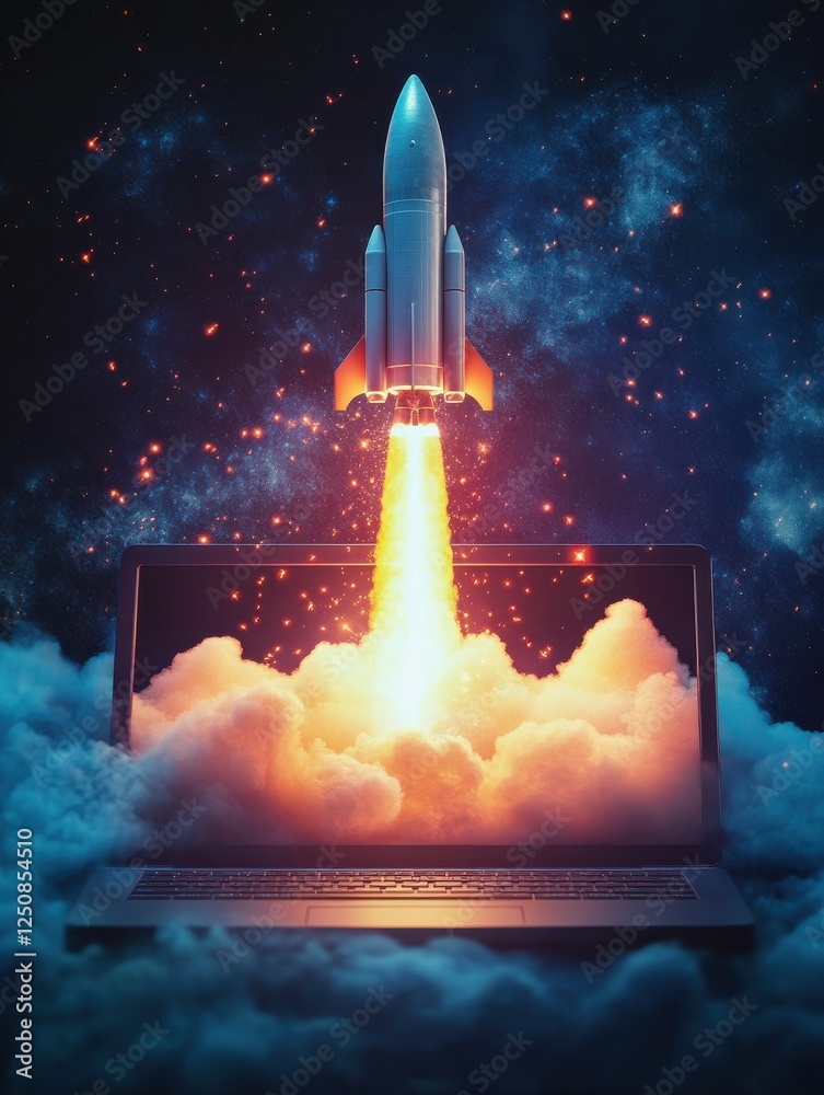 Fototapeta premium Space rocket launch from laptop screen as startup and marketing futuristic promotion icon. Generative AI.