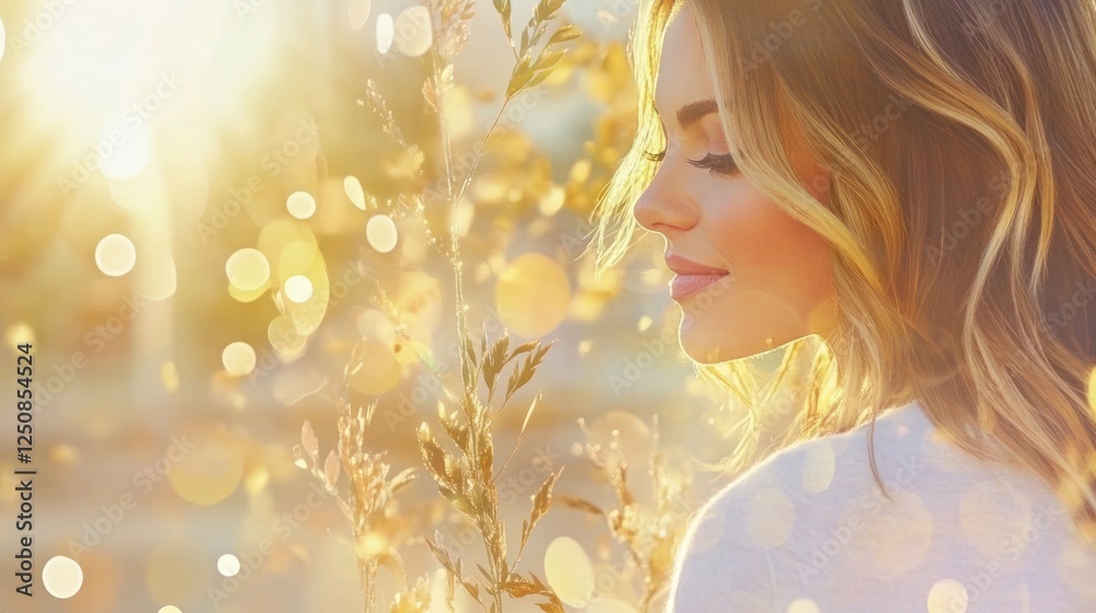 Fototapeta premium Woman in Golden Sunlight, Autumn Bokeh