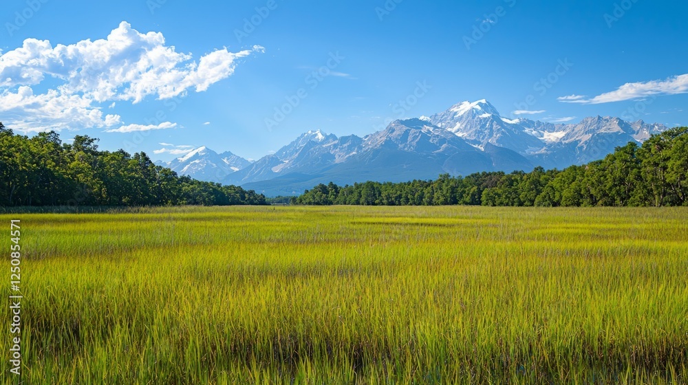 Fototapeta premium Lush Green Field with Majestic Mountains in the Background