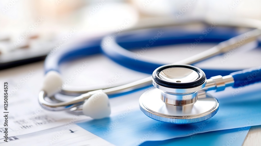 Closeup of stethoscope resting on medical documents indicating health and care in clinic : Generative AI Closeup of stethoscope resting on medical documents indicating health and care in clinic : Generative AI