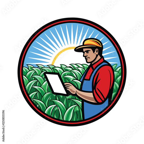 A farmer meticulously examines crop data on a tablet, analyzing growth metrics for optimized yield in a sun-drenched field.