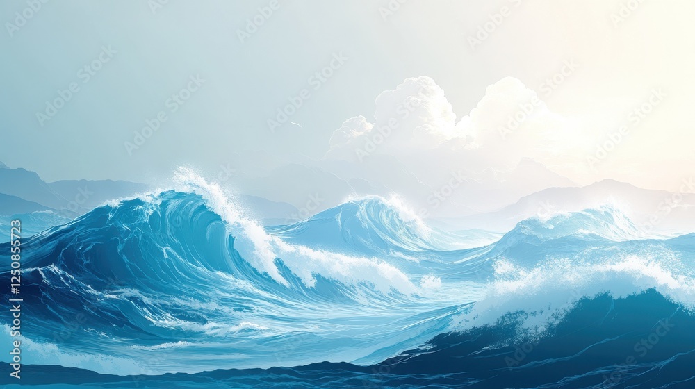 A flat vector illustration of a layered sea waves background, overlapping wave shapes, gradient blues, subtle highlights and shadows, crisp and clean A flat vector illustration of a layered sea waves background, overlapping wave shapes, gradient blues, subtle highlights and shadows, crisp and clean