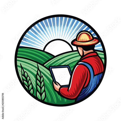 A diligent farmer utilizes a tablet computer to meticulously monitor the growth and health of his crops in a lush green field, leveraging precision agriculture technology.