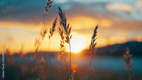 Golden Sunrise Over Silhouetted Grasses Creating a Serene Natural Landscape : Generative AI