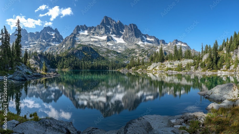 Serene Landscape of Mountains and Lake with Mirror Reflection Serene Landscape of Mountains and Lake with Mirror Reflection