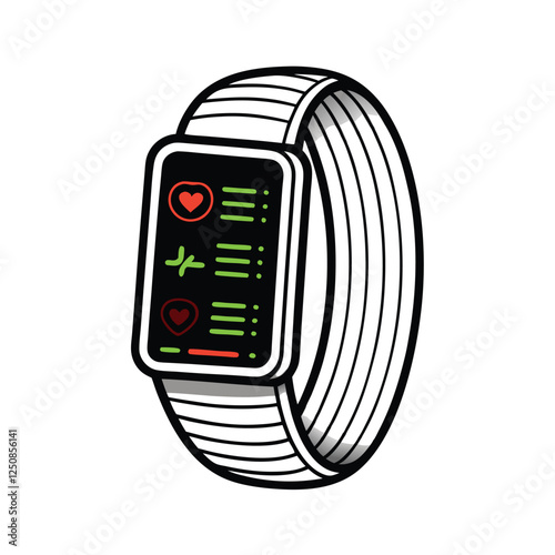 Close-up shot of a fitness tracker's screen displaying vibrant red and green glowing data indicators.