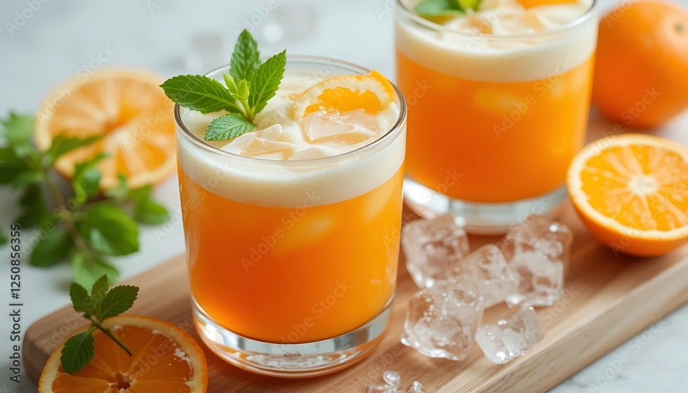 Refreshing citrus cocktails served on a wooden board with fresh orange slices and mint leaves during a sunny afternoon. Generative AI Refreshing citrus cocktails served on a wooden board with fresh orange slices and mint leaves during a sunny afternoon. Generative AI
