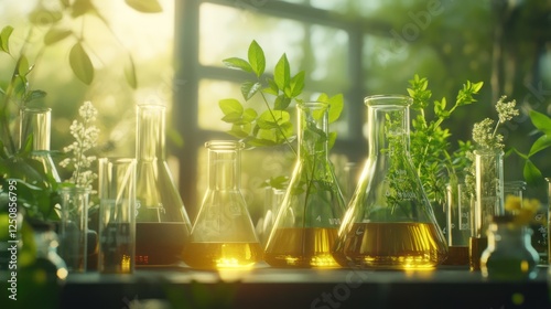 Plants in beakers, lab research.