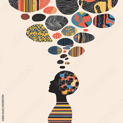 Abstract surreal illustration of a person with colorful thought bubbles and geometric patterns representing creativity and imagination photo