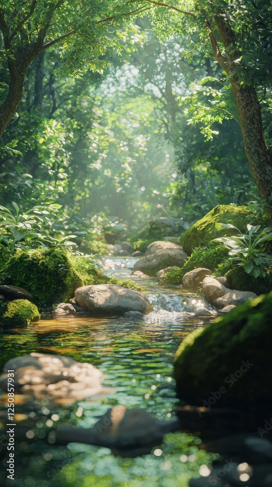 Serene Forest Stream Surrounded by Lush Greenery and Rocks Serene Forest Stream Surrounded by Lush Greenery and Rocks