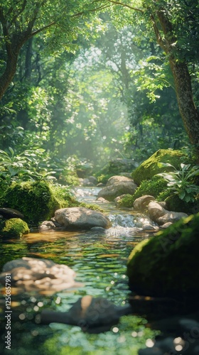 Serene Forest Stream Surrounded by Lush Greenery and Rocks