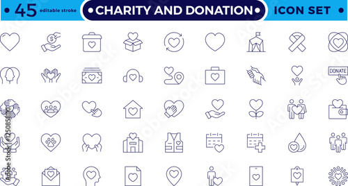 charity and donation icon set. Charity and Volunteering thin line style of philanthropic icons: almsgiving, helping those in need, donation, contribution, humanism, altruism. Editable stroke outline 
