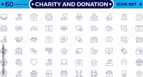 charity and donation icon set. Charity and Volunteering thin line style of philanthropic icons: almsgiving, helping those in need, donation, contribution, humanism, altruism. Editable stroke outline 
