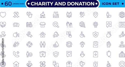 charity and donation icon set. Charity and Volunteering thin line style of philanthropic icons: almsgiving, helping those in need, donation, contribution, humanism, altruism. Editable stroke outline 
