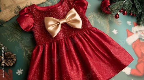 A festive red kidsa?? party dress with glitter accents and a satin bow placed on a holiday-themed surface photo