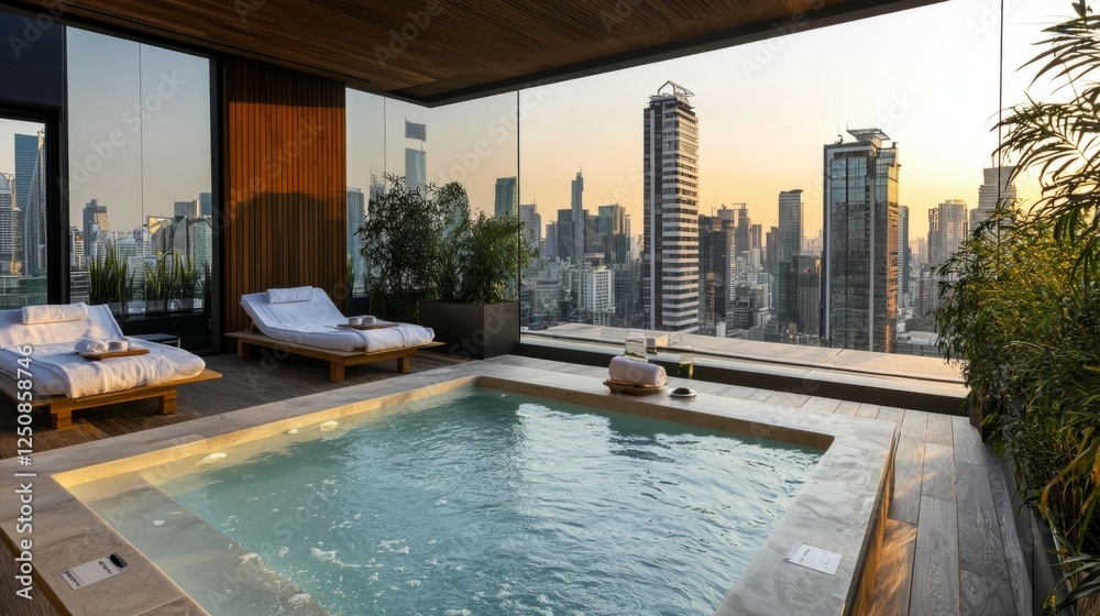 Fototapeta premium Luxurious Rooftop Spa with City View at Sunset in Modern Environment