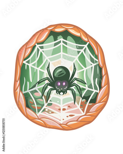 A colossal arachnid monster, its eight legs splayed, possesses luminous purple eyes, looming over a desolate landscape. (1)