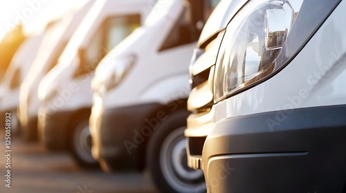 Line of parked delivery vans showcasing modern transportation solutions during golden hour in a serene environment : Generative AI
