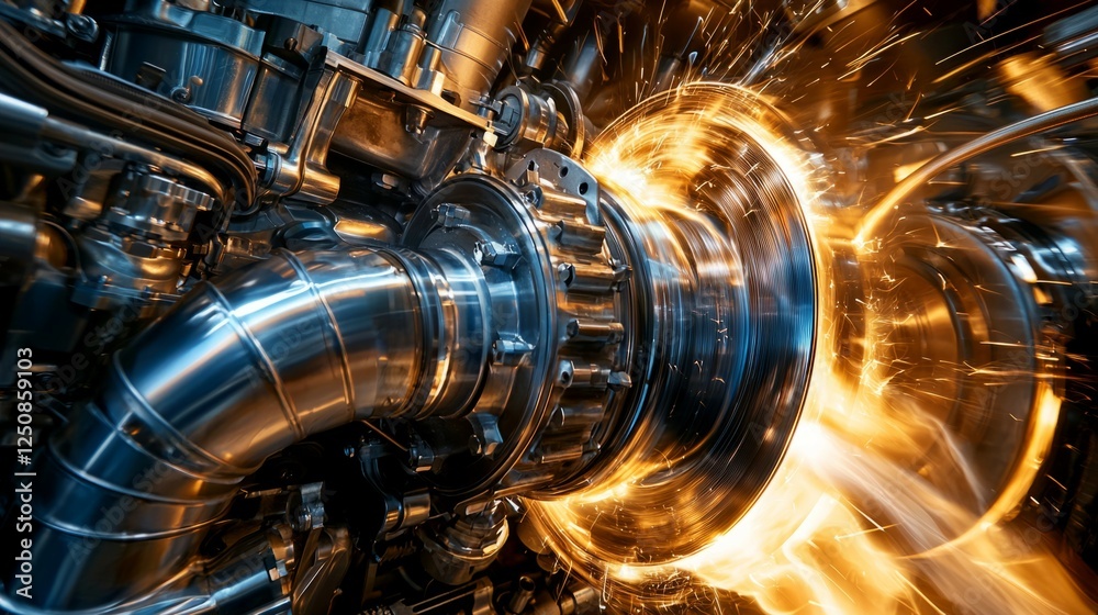Dynamic Close-Up of Industrial Engine with Sparks and Motion Blur Dynamic Close-Up of Industrial Engine with Sparks and Motion Blur