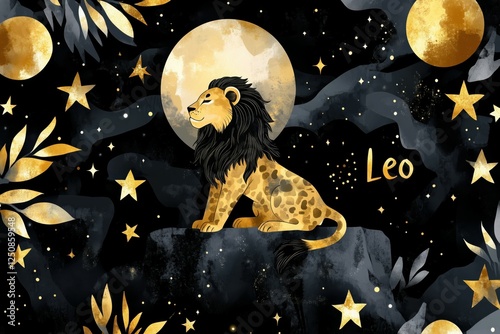 A celestial Leo themed illustration with gold stars and moon..