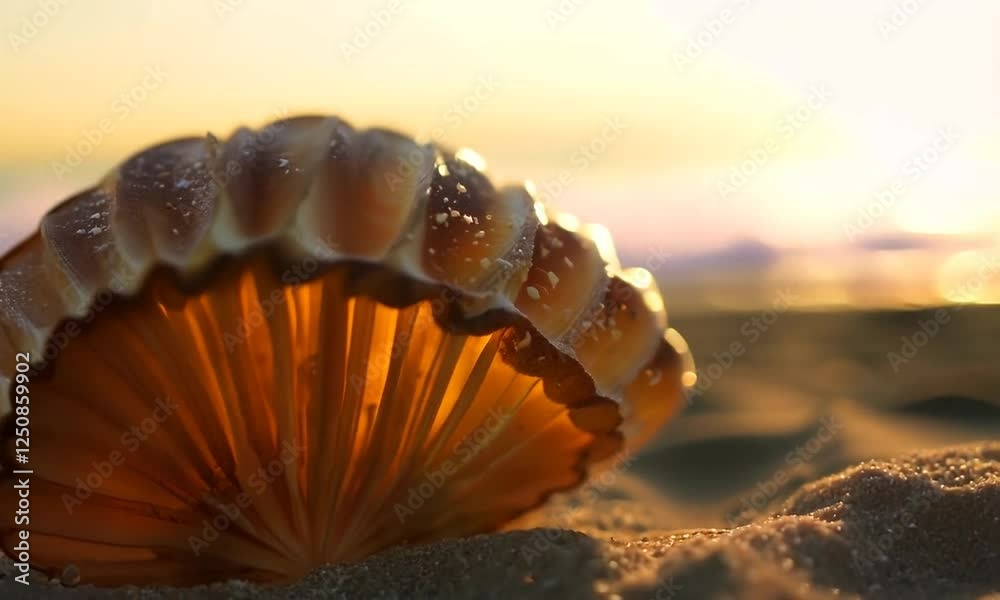 A close-up shot of a seashell on a sandy beach. The camera moves slowly, focusing on the intricate details of the shell and the texture of the sand. The sun sets in the background, creating 