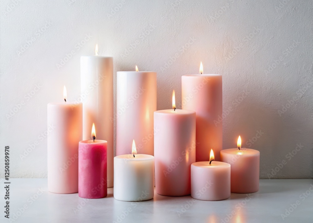 Elegant soft pink candles arranged in a row, set against a pristine white background, offer ample copyspace. Elegant soft pink candles arranged in a row, set against a pristine white background, offer ample copyspace.