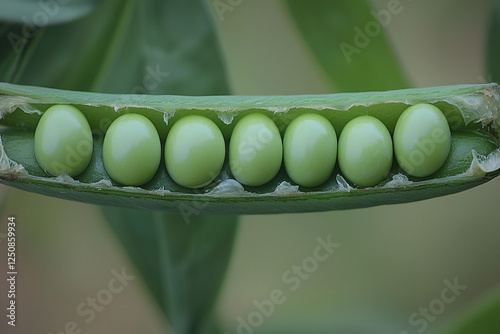 Green peas nestled in a fresh pod on a farm photo