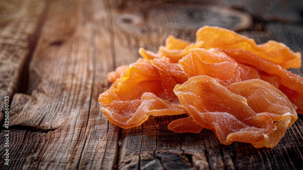 Dehydrated Mango Slices on Rustic Wooden Table Dehydrated Mango Slices on Rustic Wooden Table
