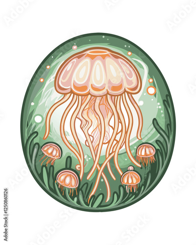 A bioluminescent jellyfish monster, vibrant pink and electric blue, floats serenely in inky black water, its tentacles trailing.