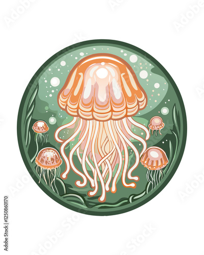 A bioluminescent jellyfish-like monster, vibrant pink and blue, floats gracefully in a dark, ethereal void.  Its tentacles glow intensely.