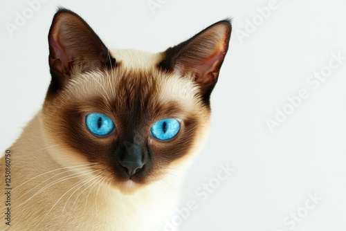 A clear shot of a domestic cat's face featuring bright blue eyes