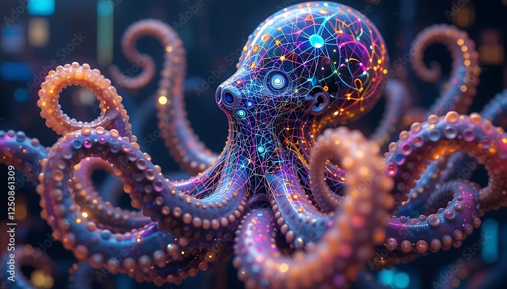 Obraz premium Vibrant digital octopus glowing with neon colors in an abstract underwater environment showcasing intricate details. Generative AI
