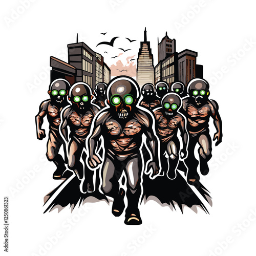 A terrifying horde of undead zombies, their green eyes glowing menacingly in the dark, shambling through a ruined city, bodies decaying and tattered.