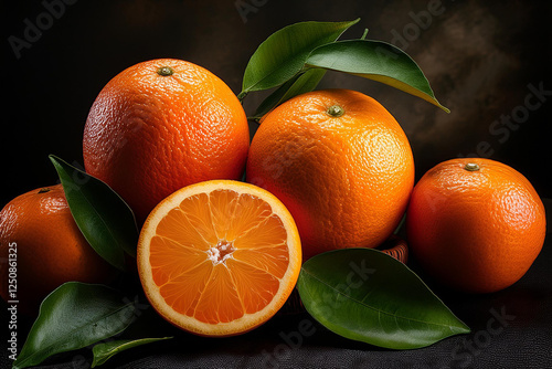 Fresh Juicy Oranges with Green Leaves on a Rustic Wooden Surface