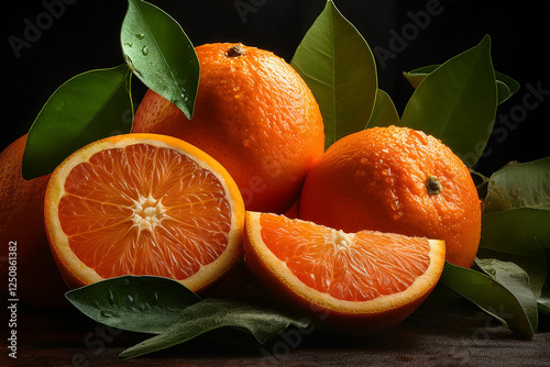 Fresh Juicy Oranges with Green Leaves on a Rustic Wooden Surface