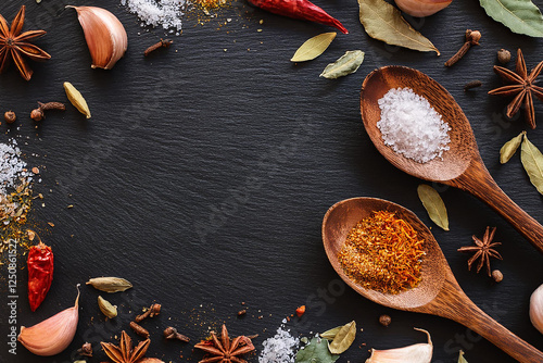 Spices and Herbs on a Black Slate Background with Space for Text