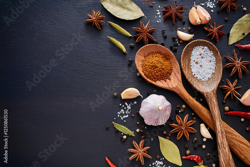 Spices and Herbs on a Black Slate Background with Space for Text
