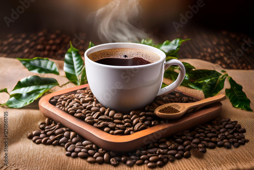 Aromatic Steaming Coffee Cup Surrounded by Roasted Coffee Beans, Fresh Green Leaves, and Rustic Burlap Texture for a Warm Morning Ambiance