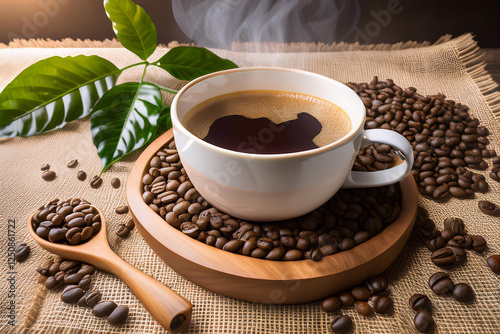 Aromatic Steaming Coffee Cup Surrounded by Roasted Coffee Beans, Fresh Green Leaves, and Rustic Burlap Texture for a Warm Morning Ambiance