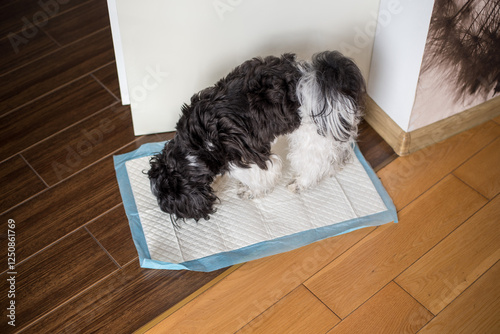 Puppy peeing on a diaper. Toilet training a puppy. Shih Tzu puppy.