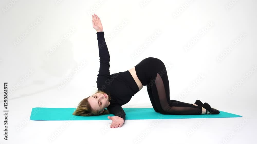 Yoga session demonstrating a stretching exercise for flexibility and relaxation in a studio setting Yoga session demonstrating a stretching exercise for flexibility and relaxation in a studio setting