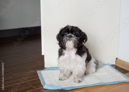 Puppy peeing on a diaper. Toilet training a puppy. Shih Tzu puppy..