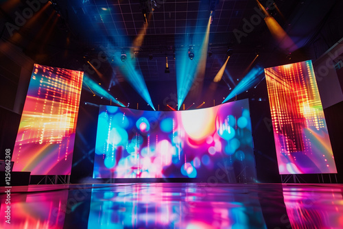 A futuristic stage setup featuring large LED projection screens displaying vibrant, abstract visuals with streaks of red, orange, and blue. The floor reflects the colorful lights