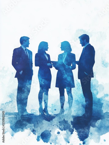 group of business people standing together, aptivating Watercolor-style Blue Silhouette Illustration of Four Business People Engaged in Productive Work, Emphasizing Teamwork photo